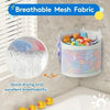 A white breathable mesh storage caddy is shown with yellow bath toys, demonstrating quick drying and excellent breathability.