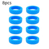 A set of eight bright blue silicone luggage wheel protection rings.
