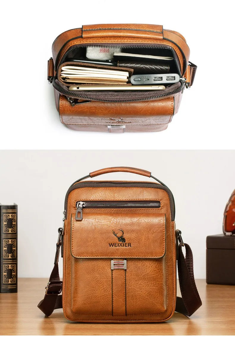 A brown vintage PU leather crossbody messenger bag with a flap and internal organization for pens and small items.