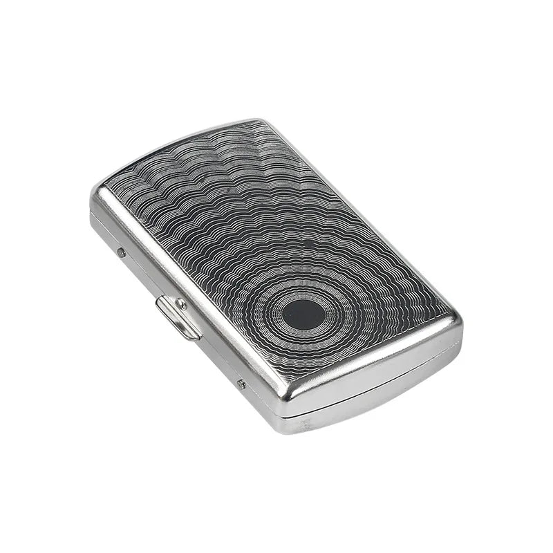 A compact metal cigarette case with a textured, striped pattern.