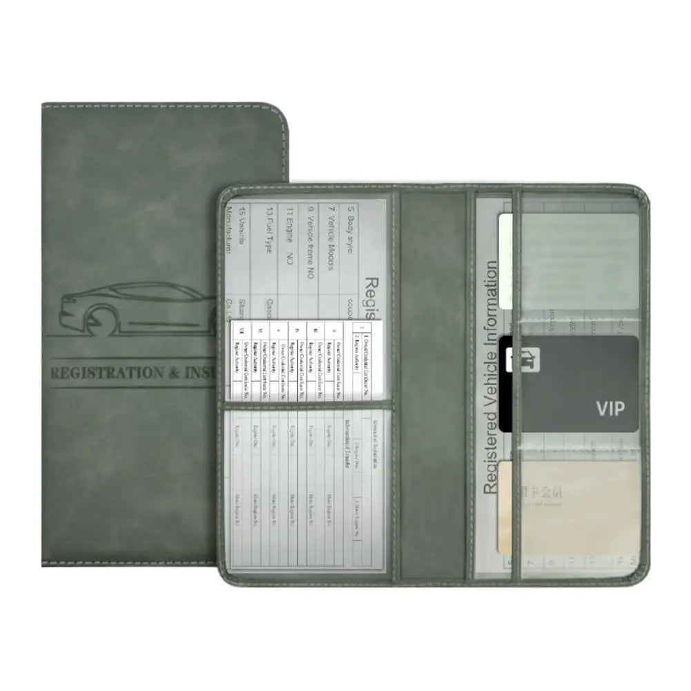 A dark gray PU leather car document organizer with clear pockets and a VIP section.