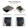 Comparison of a bulky traditional wallet and a slim money clip wallet, shown next to jeans.