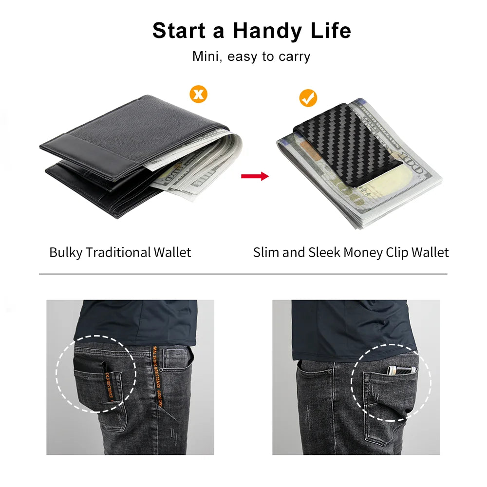 Comparison of a bulky traditional wallet and a slim money clip wallet, shown next to jeans.