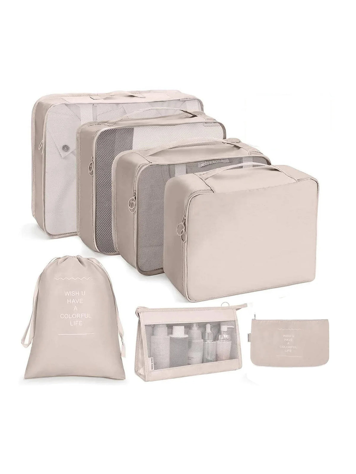 A set of beige fabric storage organizers and pouches for organizing various items.