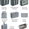 A set of fabric storage organizers including mesh bags, pouches, and a shoe bag in gray.
