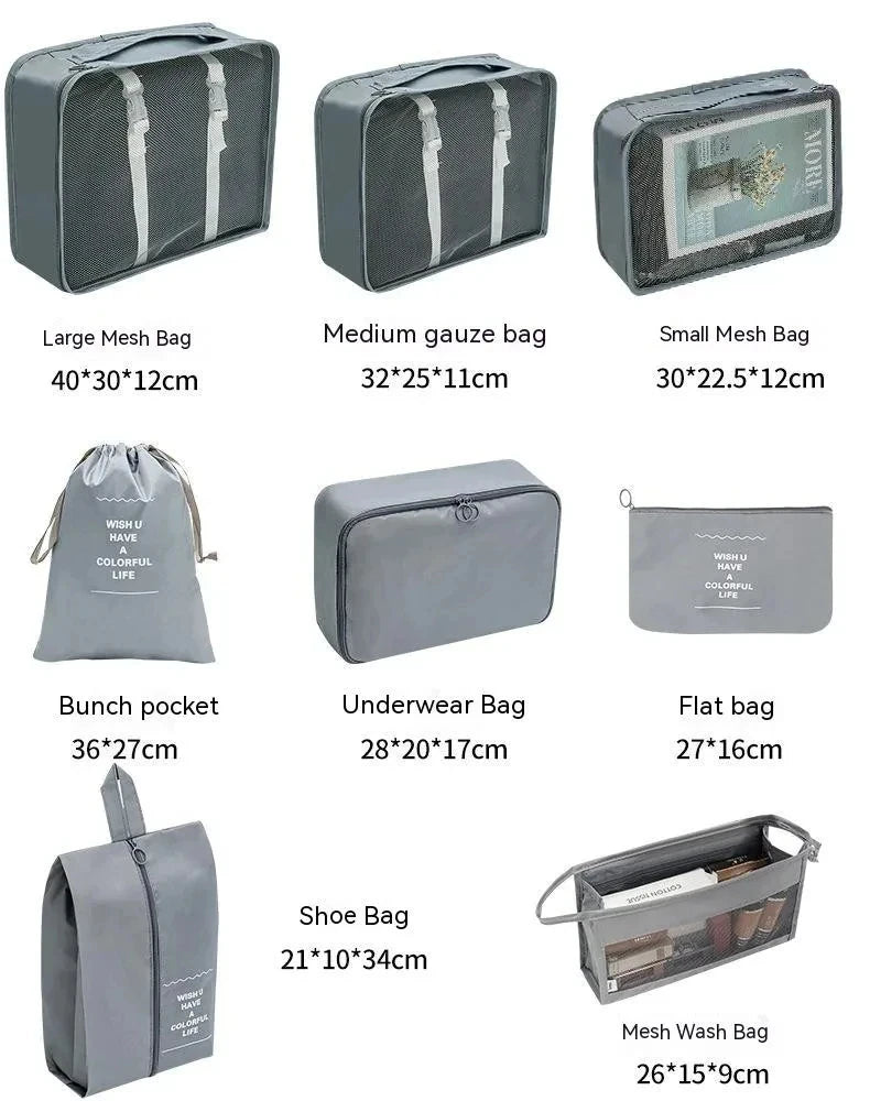 A set of fabric storage organizers including mesh bags, pouches, and a shoe bag in gray.