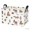 A white fabric storage basket with handles and a lid, featuring a woodland animal pattern.