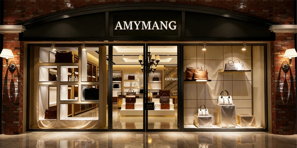 A storefront display featuring vintage style leather tote bags and accessories.