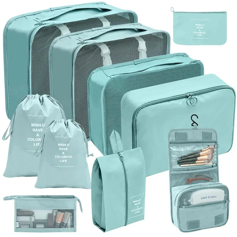 A set of light blue fabric storage organizers and pouches for cosmetics and small items.