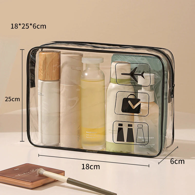 A clear plastic toiletry bag with a zipper closure containing various skincare bottles and tubes.