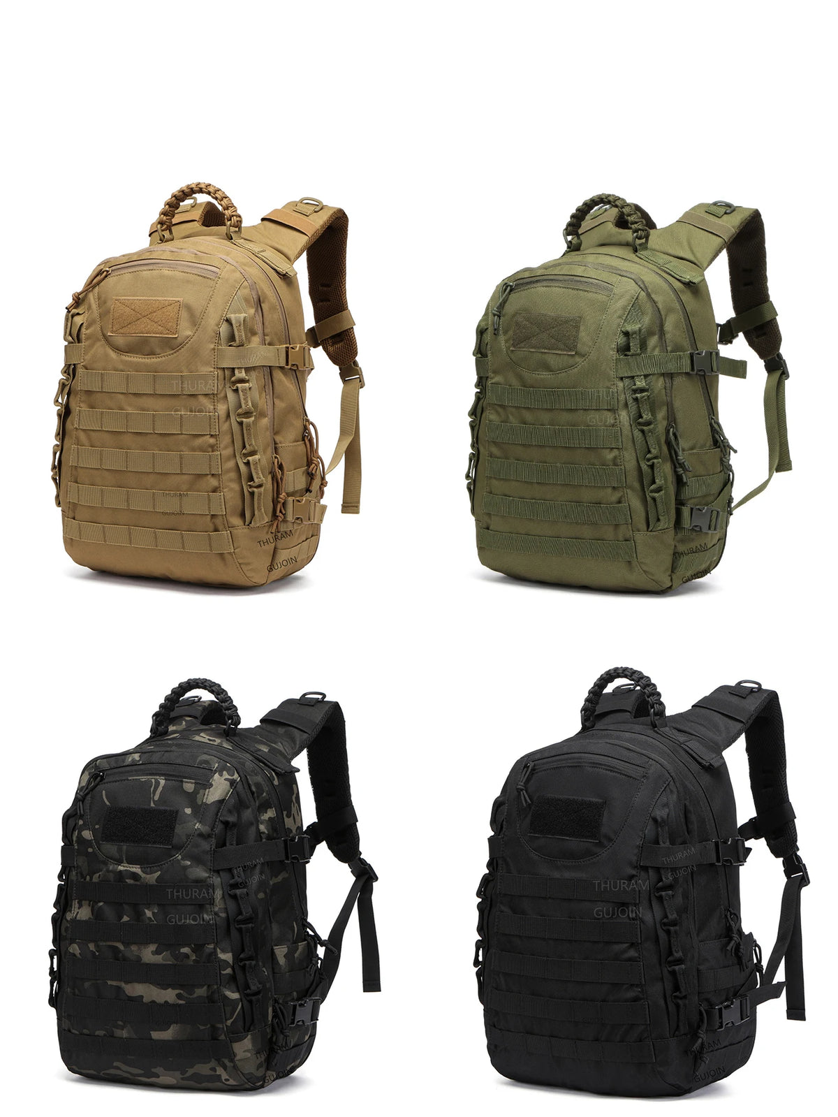 A tactical waterproof backpack shown in olive green and black camouflage patterns.