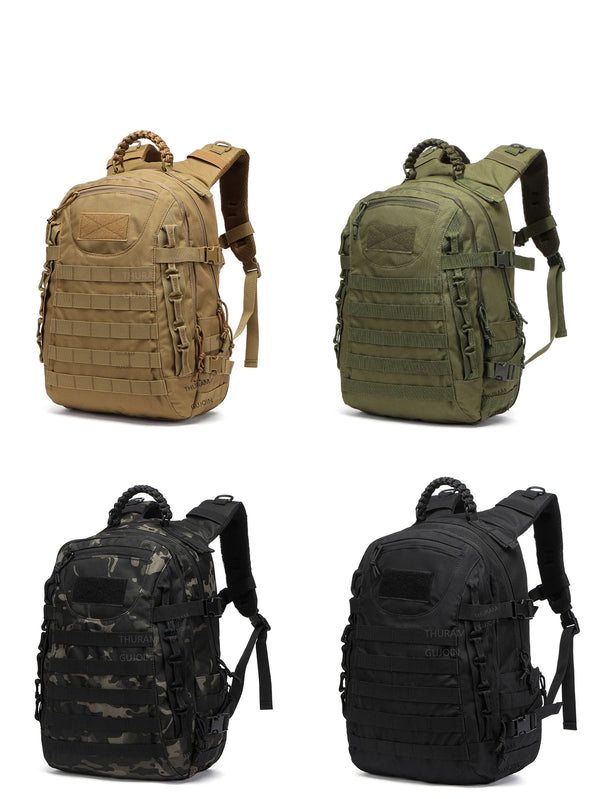 A tactical waterproof backpack shown in olive green and black camouflage patterns.