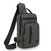A dark gray lightweight chest bag with a strap and multiple zippered pockets.