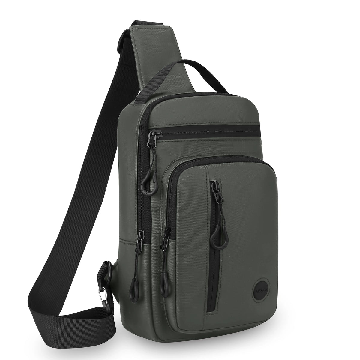 A dark gray lightweight chest bag with a strap and multiple zippered pockets.