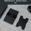 A black RFID blocking metal pop-up card wallet is shown on a light surface.