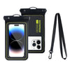A black waterproof phone case with a clear window and a detachable black strap is shown.