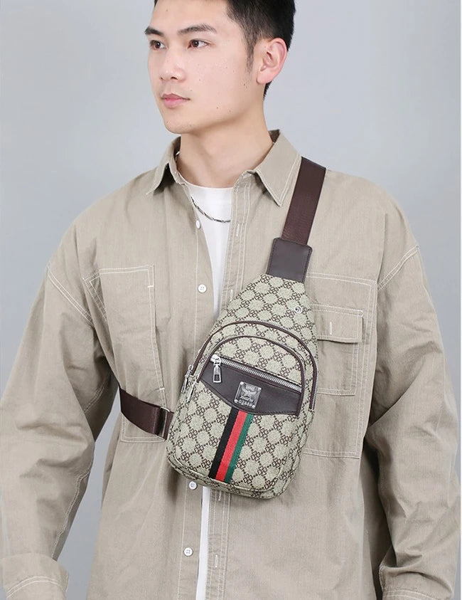 A young man wearing a beige shirt holds a personalized printed crossbody sling bag with leather straps.