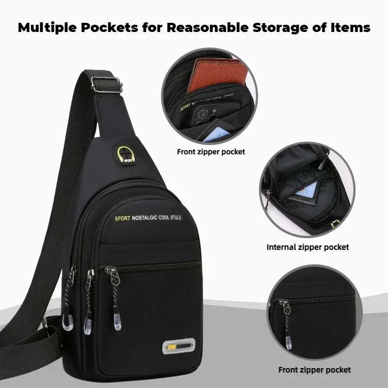 Black men's casual shoulder bag featuring multiple pockets including front and internal zippered compartments