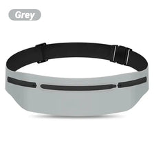 Grey and black slim waterproof running waist pack shown from above