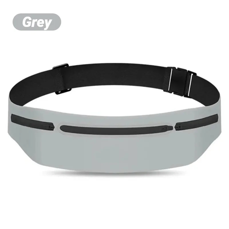 Grey and black slim waterproof running waist pack shown from above