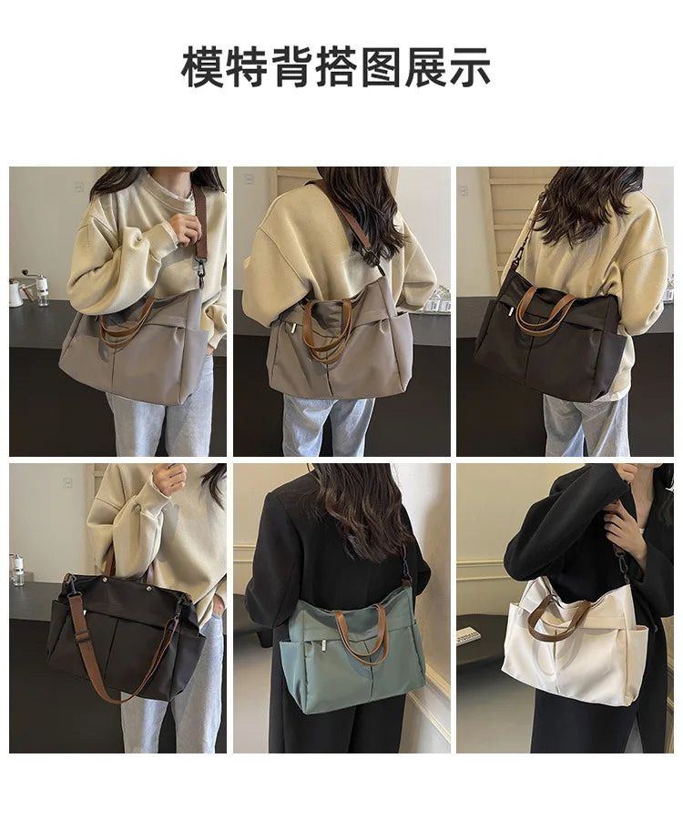 A series of photos showing a beige nylon tote bag worn by a woman in various styles and colors.