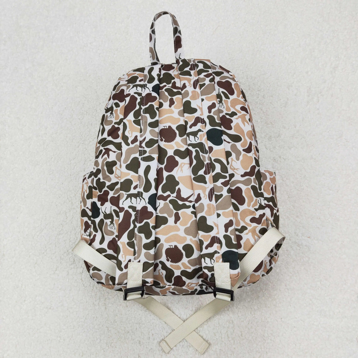 A toddler camouflage backpack featuring animal prints in brown, beige, and olive tones.