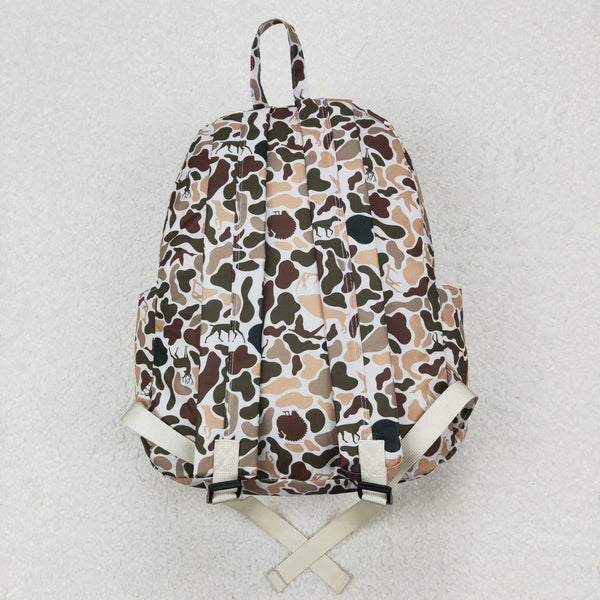 A toddler camouflage backpack featuring animal prints in brown, beige, and olive tones.