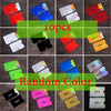 A collection of 10 anti-scan card sleeves in various colors including red, blue, green, and yellow, arranged on a dark gray b
