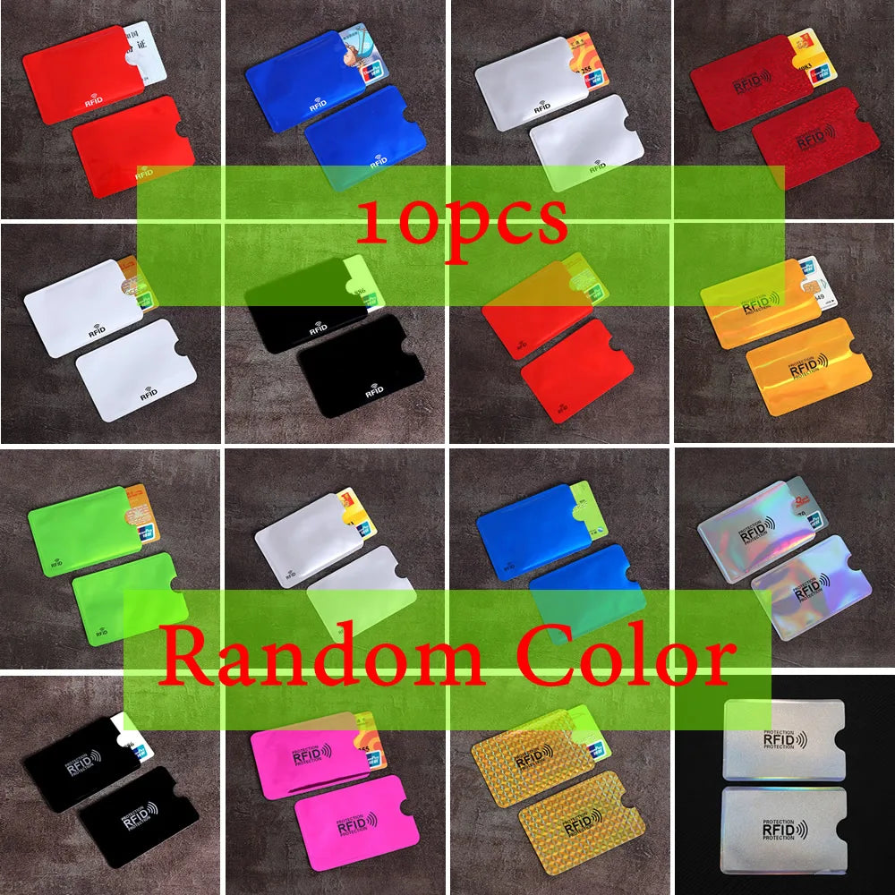 A collection of 10 anti-scan card sleeves in various colors including red, blue, green, and yellow, arranged on a dark gray b