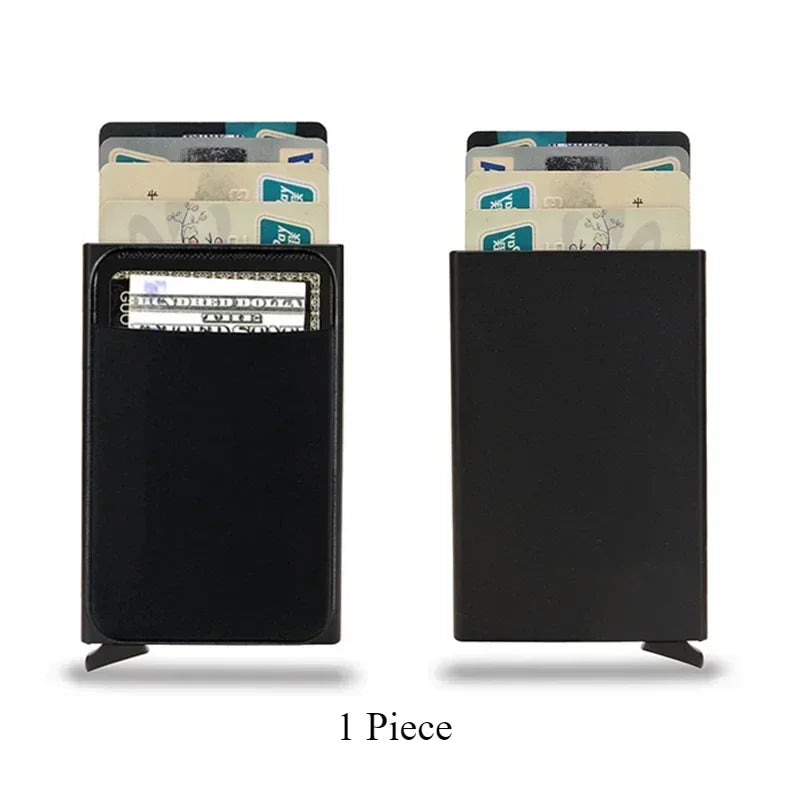 Black slim metal RFID credit card holder wallet with multiple cards visible.