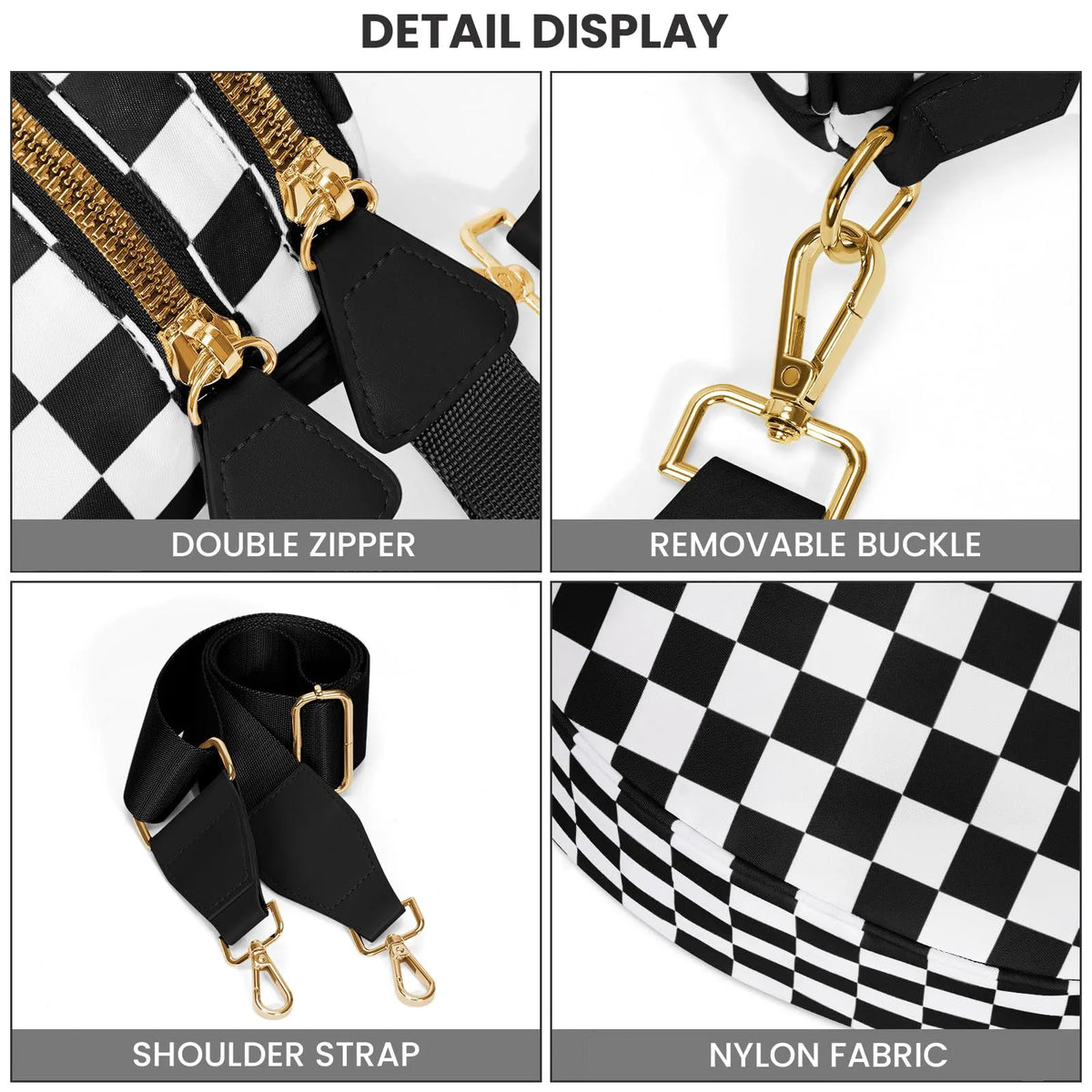 Detail display of a black and white checkered nylon crossbody bag featuring a gold-toned removable buckle and shoulder strap.