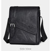 Side view of a black PU leather messenger bag with an adjustable strap.