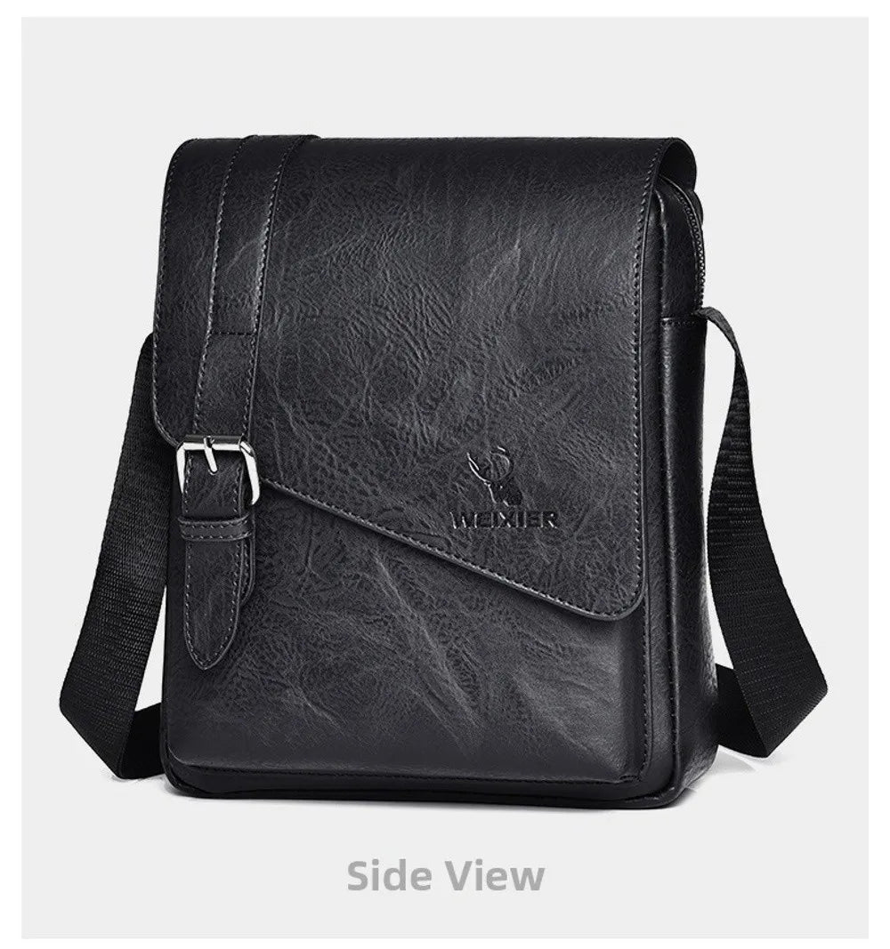 Side view of a black PU leather messenger bag with an adjustable strap.