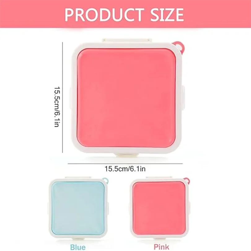 Pink and blue silicone reusable sandwich and lunch containers shown with size reference