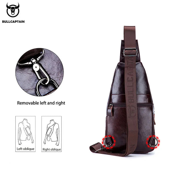 A brown genuine leather men's chest bag with a removable strap and clip.