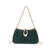 A dark teal pleated evening clutch bag with a gold chain strap and a rhinestone embellishment.