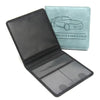 A black PU leather glove box wallet with a light blue cover featuring a car illustration and text.
