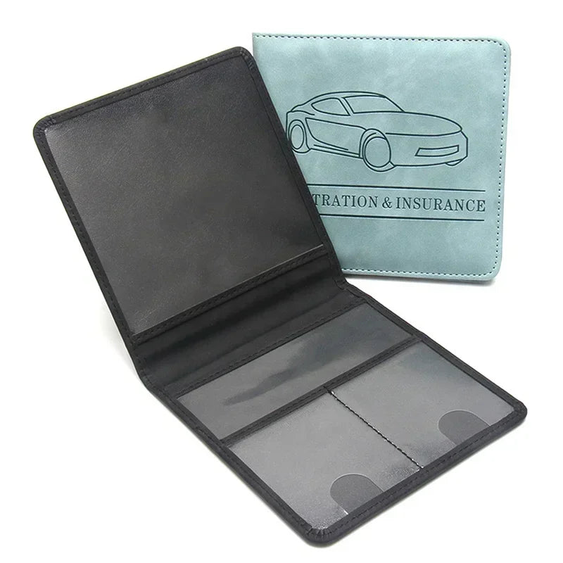 A black PU leather glove box wallet with a light blue cover featuring a car illustration and text.