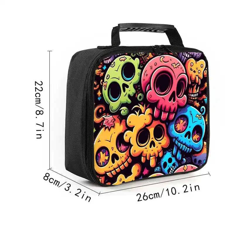 Sac à lunch noir à main avec un motif coloré de crânes en néon et couleurs vives.