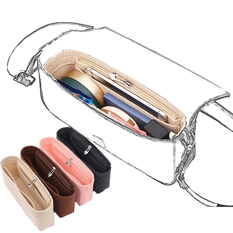 Clear plastic organizer insert for handbags with multiple felt bags and accessories.