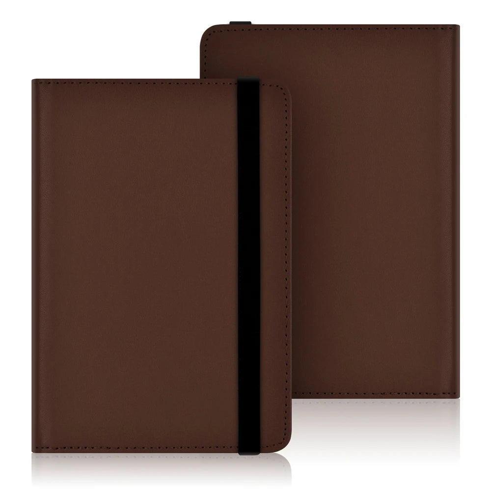 A brown universal e-book cover with a black protective strap, shown in a closed book format.