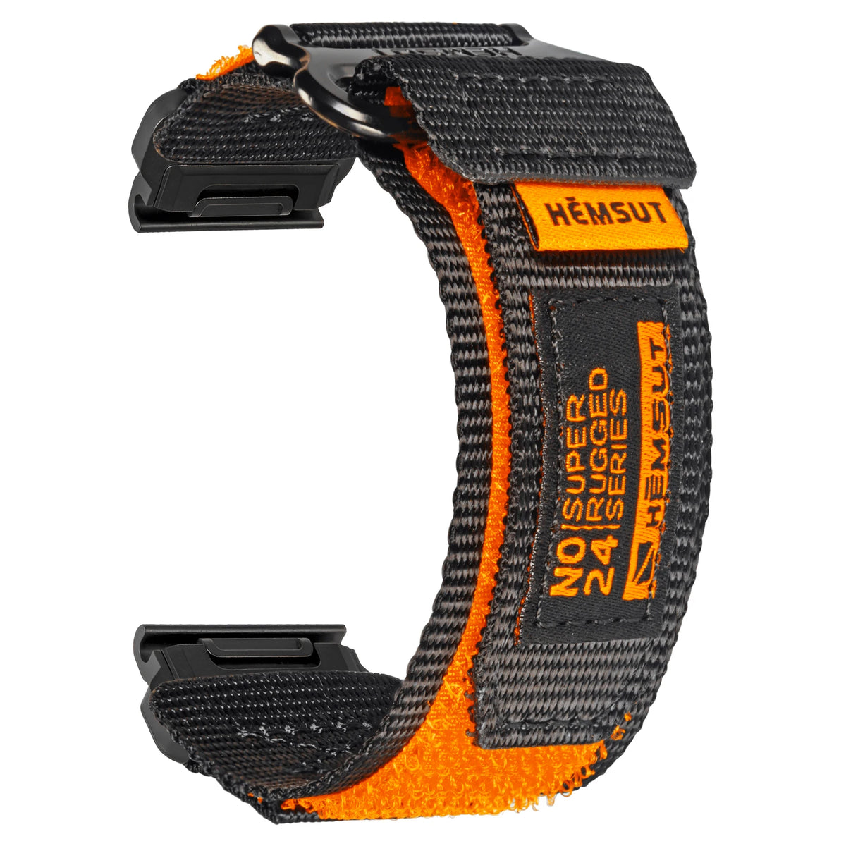 A black nylon sport strap for a watch, featuring orange accents and the HEMSUT logo.