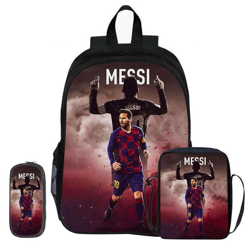 Schwarzer Rucksack mit Messi-Grafik und passender Messi-Penne.Set
