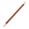 A brown genuine leather replacement shoulder strap with metal hardware.