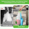Una bolsa de compras blanca es llevada por una mano, demostrando cómo el producto reduce la fatiga de la mano y facilita llev