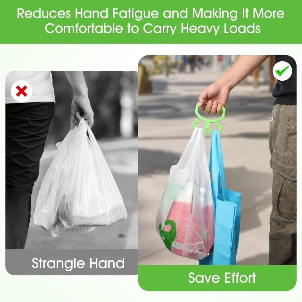 Una bolsa de compras blanca es llevada por una mano, demostrando cómo el producto reduce la fatiga de la mano y facilita llev