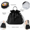 Black insulated waterproof lunch bag featuring a drawstring closure and designed for handheld or shoulder carrying.