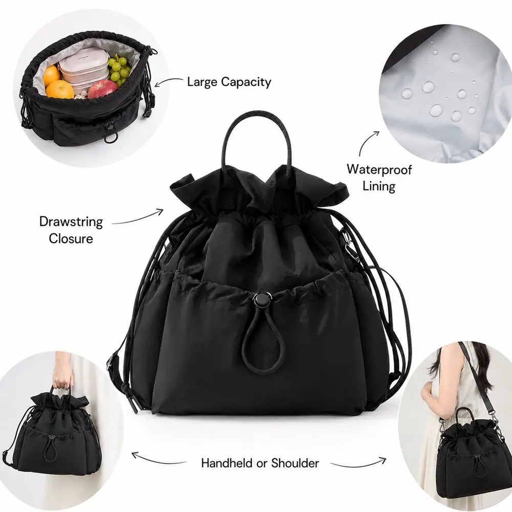 Black insulated waterproof lunch bag featuring a drawstring closure and designed for handheld or shoulder carrying.