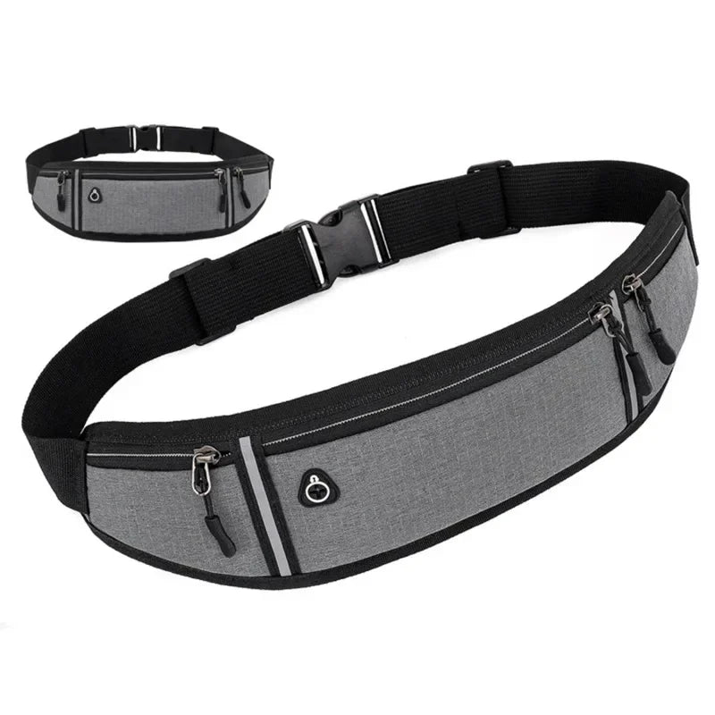Black canvas waist fanny bag with adjustable strap and zipper details shown in multiple views.
