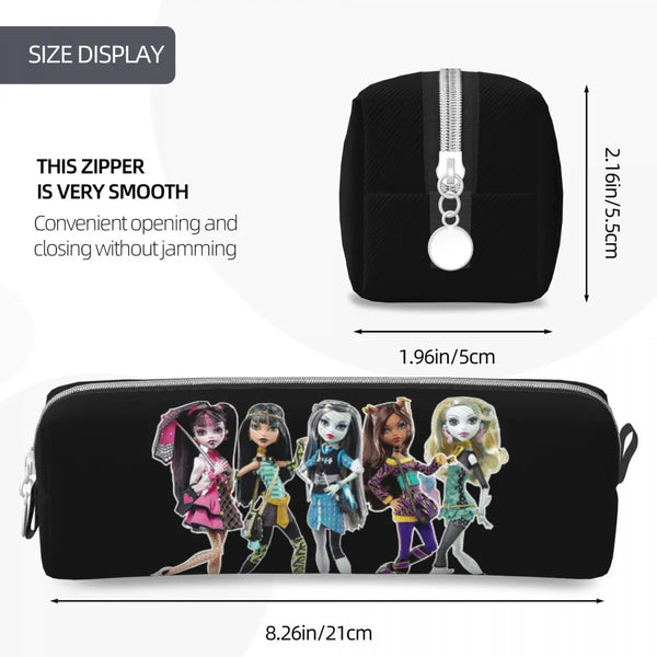 Black elegant leather pencil case featuring illustrations of magical girls